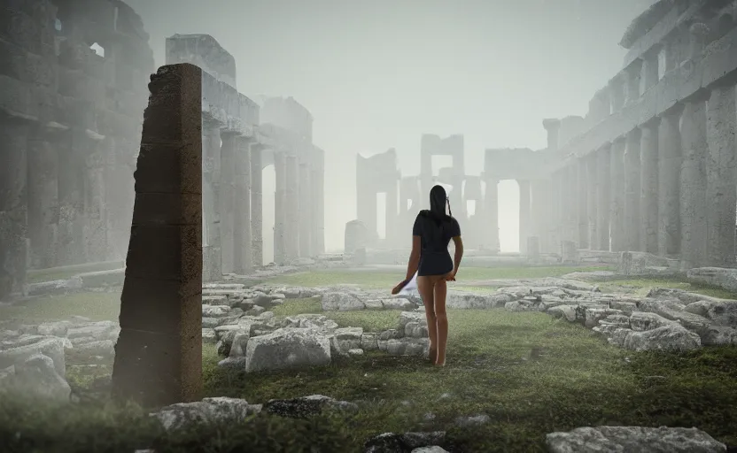 Image similar to a 3 d render of a person standing in the ruins of an ancient city in the morning mist, greek and roman ruins, bokeh, canon 5 0 mm, cinematic lighting, volumetric light, octane, octane render, redshift render, golden hour, pompeii