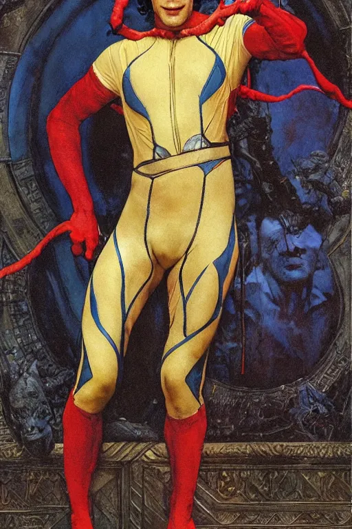 Image similar to full length portrait of udo kier as marvel nightcrawler by lawrence alma tadema, rick berry, norman rockwell, jason fabok. greg staples, nc wyeth, jack kirby, tom lovell