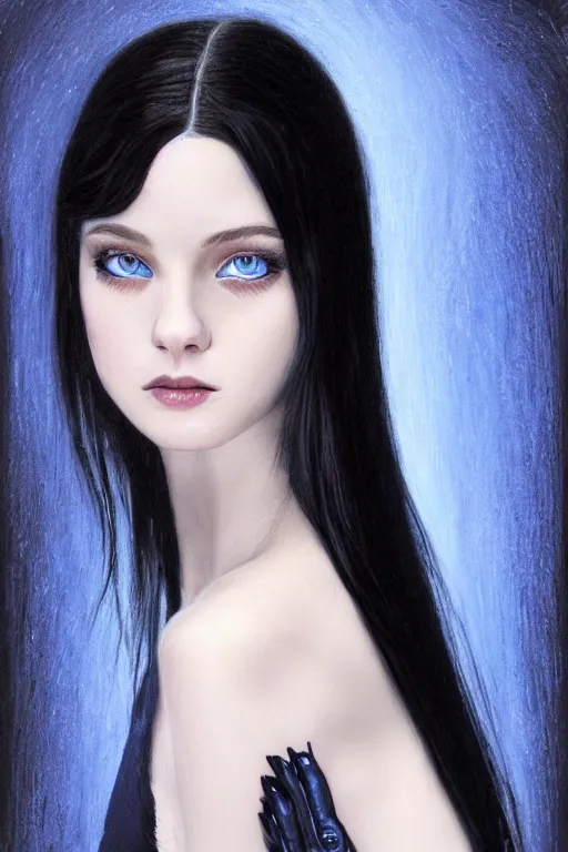 Image similar to portrait of teenage girl with glossy black hair, blue eyes, glowing porcelain skin, fashion model features, dar!dream portrait of teenage girl with glossy black hair, blue eyes, glowing porcelain skin, fashion model features, dark academia, intricate, elegant, highly detailed, digital painting, artstation, concept art, smooth, sharp focus, illustration, art by Krenz Cushart and Artem Demura and alphonse mucha