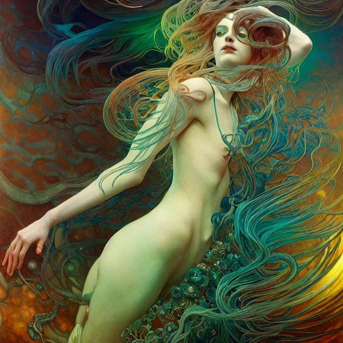 Image similar to psychedelic deep ocean creature, diffuse lighting, fantasy, intricate, elegant, highly detailed, lifelike, photorealistic, digital painting, artstation, illustration, concept art, smooth, sharp focus, art by John Collier and Albert Aublet and Krenz Cushart and Artem Demura and Alphonse Mucha