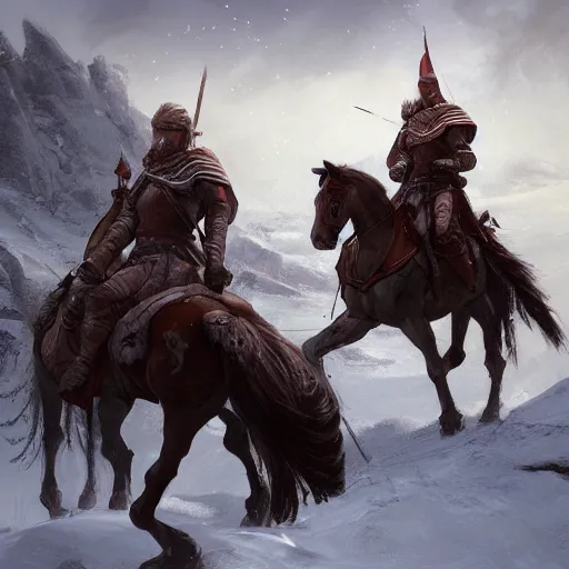 Prompt: Two knights on horseback seen from afar riding in the snow, snowy landscape, snow storm, fantasy, highly detailed, digital painting, artstation, concept art, illustration, art by Bayard Wu and Marc Simonetti and Diego Gisbert Llorens