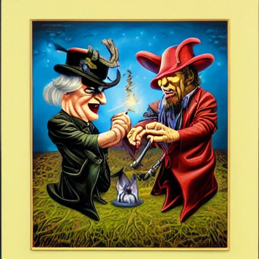 Image similar to wizards duel painting by Mark Ryden and Todd Schorr, Jack Kirby