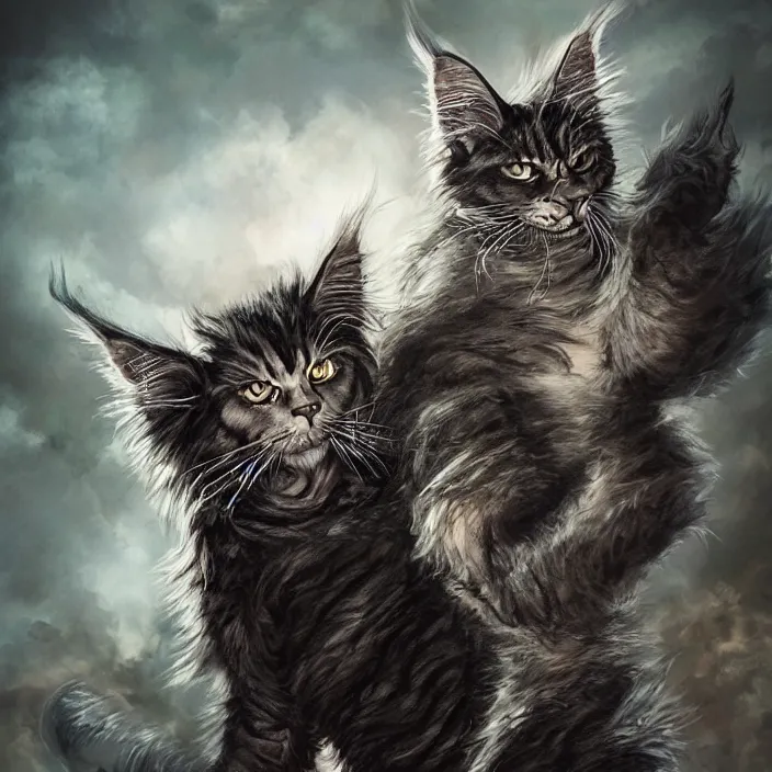 Image similar to Khajit with Maine Coon features and black fur holding two shortswords cloaked in shadow and wearing leather armor, white background, Fantasy, Tarot card style, Half Body Portrait, High detail, hyper realistic