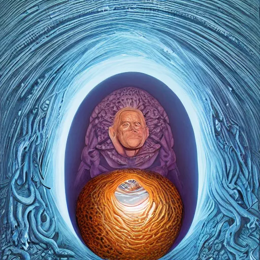 Image similar to portrait of immense, majestic, surreal, terrifying joe biden emerging from the cosmic egg, perfectly clear face, by j. c. leyendecker, alex grey, anato finnstark, bosch, and beksinski