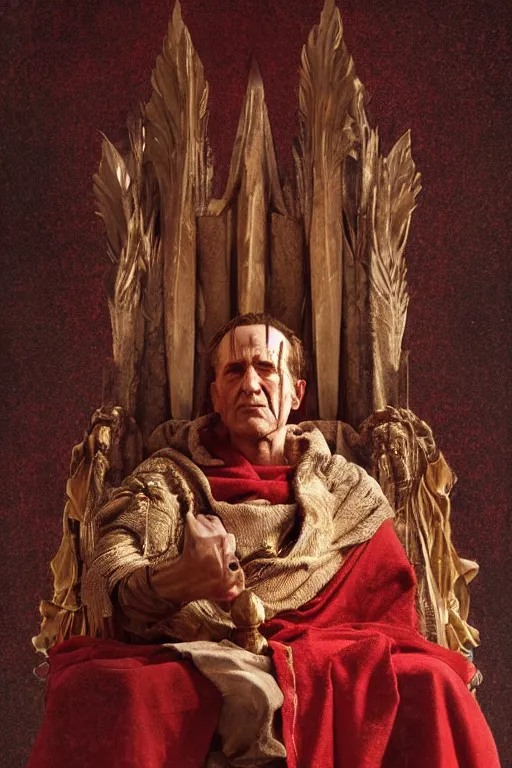 Image similar to a tired, lonely and broken julius caesar is sitting on his throne. face is highly detailed. splices of red are running down his toga. mist. color scheme red and gold. soft light. low angle medium shot. imagined by greg rutkowski.