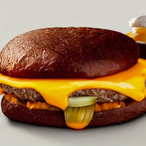 Prompt: a photograph of the new gollum burger from mcdonalds, it looks mouth watering with melting cheeses and grilled onions, 1 0 0 0 island dressing and pumpernickle bread cooked to perfection, food photography