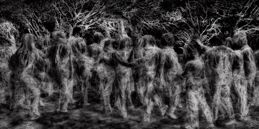 Image similar to love, groups of people in infrared thermal colors, from behind, rebirth, wide angle, cinematic atmosphere, elaborate, highly detailed, thermal heat colors, dramatic lighting