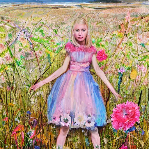 Prompt: beige by eleanor vere boyle, by bordalo ii bold, straight. a computer art of a young girl with blonde hair, blue eyes, & a pink dress. she is standing in a meadow with flowers & trees.