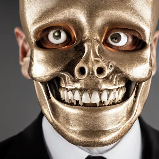 Prompt: a detailed professional portrait of a fancy skeleton with expressive features and metallic teeth, metal teeth, professional photography, longshot, full portrait, skeleton in a suit