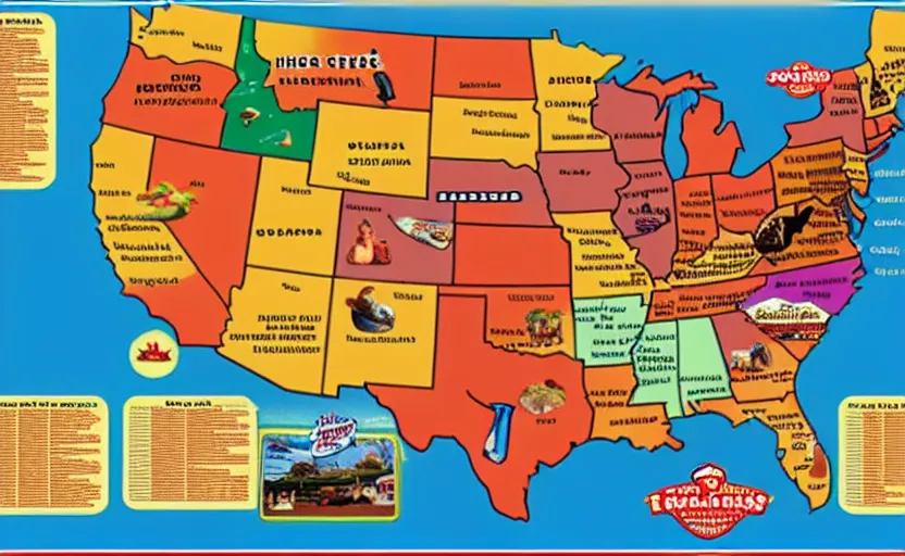 Image similar to hot dogs across america map, detailed, map key, tourist map, brochure