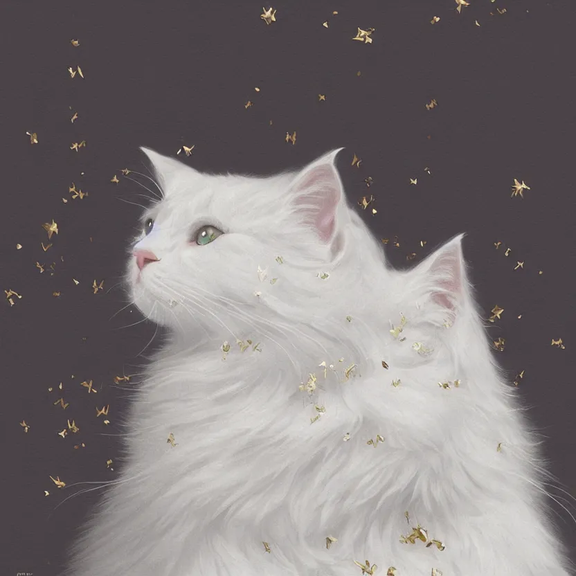 Image similar to amazing exquisite matte painting, close - up portrait of a white fluffy cat, sacred,, shimmer, exquisite detail huge details, gold detailed line work, by xision and yukii morita,, james jean, trending on artstation