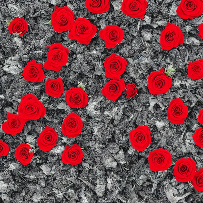 Prompt: red roses, laying in ashes