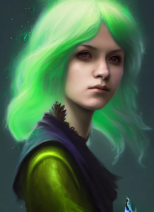 Prompt: Portrait of young female sorcerer, D&D fantasy, her hair is green and styled in a Bob Cut, magic particles flutter in the air, she has a distant expression, and is wearing a shirt and vest, intricate, highly detailed, digital painting, artstation, concept art, sharp focus, illustration, art by greg rutkowski and Ross Tran