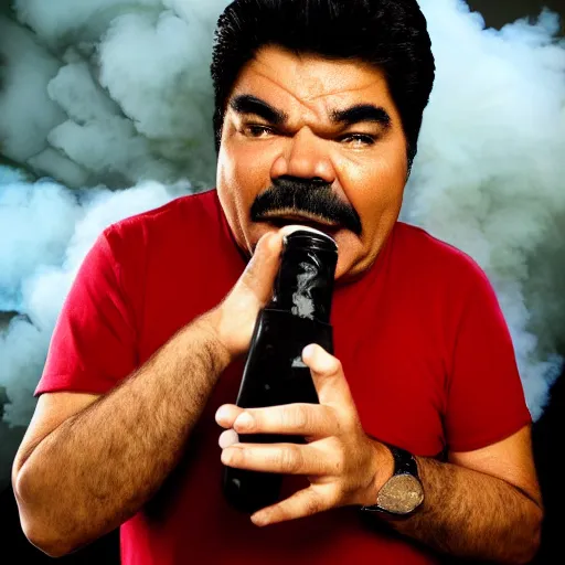 Prompt: stoned george lopez exhaling a massive cloud of smoke after taking a hit from his bong, award winning candid photography