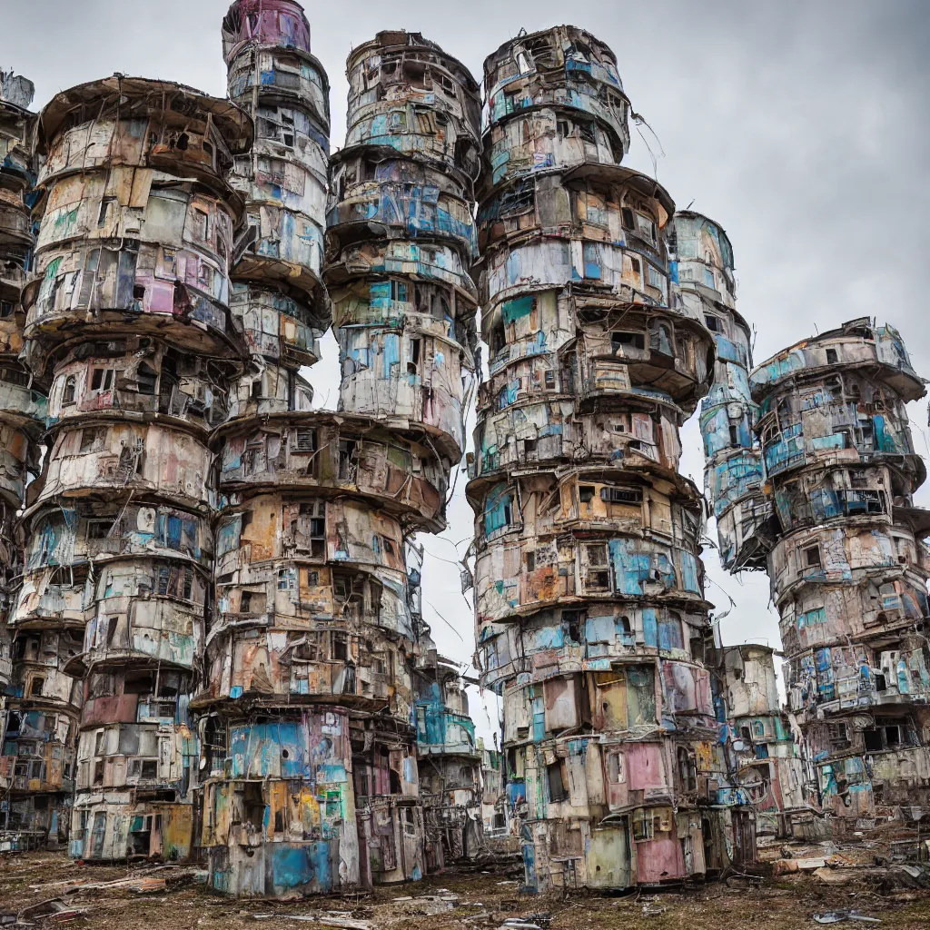 Image similar to circular towers, made up of makeshift squatter shacks with faded colours, dystopia, sony a 7 r 3, f 1 1, fully frontal view, photographed by jeanette hagglund and terry gilliam