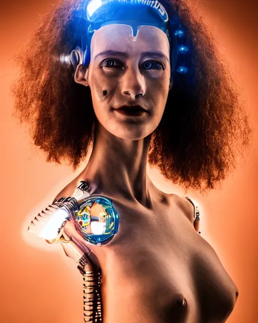 Prompt: portrait photo of soulful female as a solarpunk cyborg with fluorescent lamps over face and neck, robotic implants with real human face with skin, ultra - realistic and detailed, long exposure, soft focus hdr 8 k