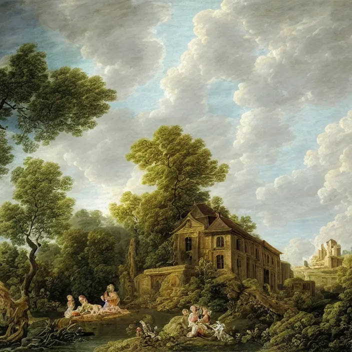 Image similar to a building in a serene landscape, by francois boucher