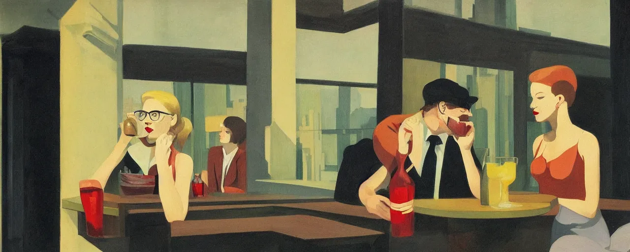 Prompt: two young status-seeking hipsters drinking classic cocktails in a snobby lounge in NYC, picture in the style of Edward Hopper