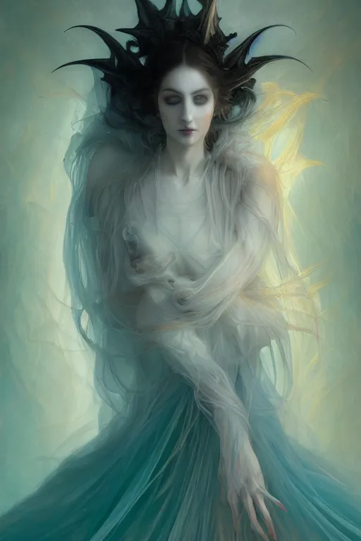 Image similar to portrait of a vampire , dark fantasy, gradient white cyan, dreamy and ethereal, orange eyes, ghost, golden ratio, peaceful expression, ornate frilly dress, fantasy, intricate, elegant, rainbow spikes, highly detailed, digital painting, artstation, concept art, smooth,b sharp focus, illustration, art by artgerm and greg rutkowski and alphonse mucha