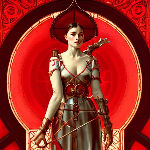 Image similar to a cinematic scene steampunk joan of arc wearing a red suite, intricate, elegant, highly detailed, digital painting, artstation, concept art, smooth, sharp focus, illustration, art by artgerm and greg rutkowski and alphonse mucha