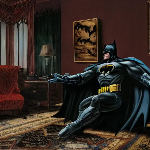 Image similar to a picture of batman sitting in a therapists office, 4 k, ultra detailed, in a baroque style