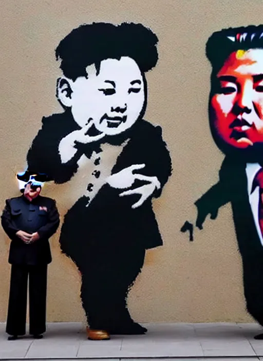 Image similar to banksy trump made peace with kim jong un art on canvas