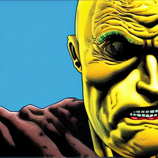 Image similar to lemon headed man scared crying, ultra detailed, style of richard corben, 4 k, rule of thirds.