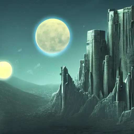 Prompt: sci - fi / fantasy fortress surrounded by moons, retro, crisp, clear, wallpaper