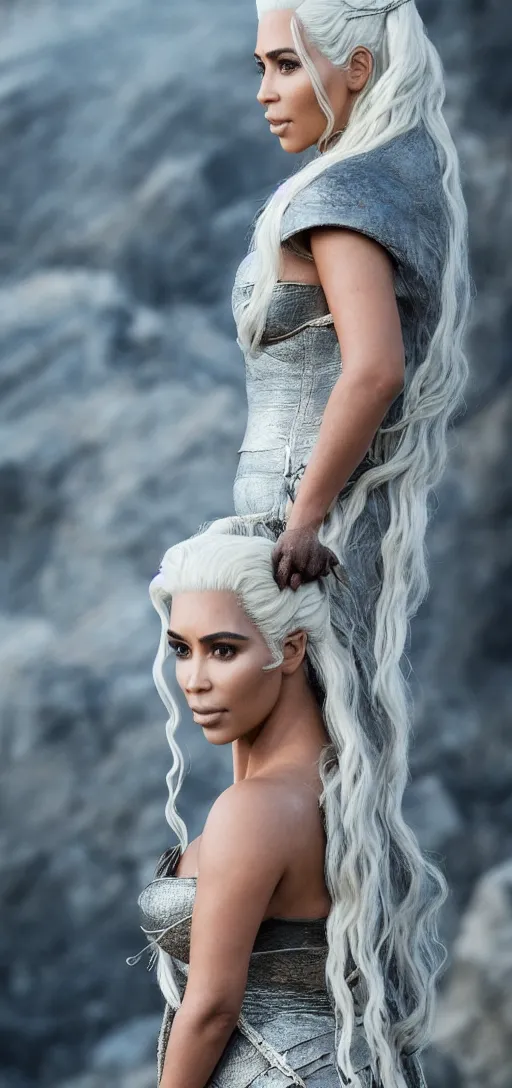 Image similar to Kim Kardashian as Daenerys Targaryen mother of dragons, drogon, XF IQ4, 150MP, 50mm, F1.4, ISO 200, 1/160s, natural light