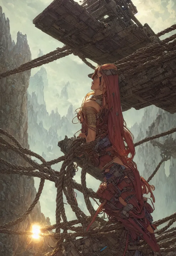 Image similar to comic book cover of android on a old rope bridge looking up at crystal temple, highly detailed, professional digital painting, Unreal Engine 5, illustration, HD quality, 8k resolution, cinema 4d, 3D, cinematic, professional photography, art by artgerm and greg rutkowski and alphonse mucha and loish and WLOP