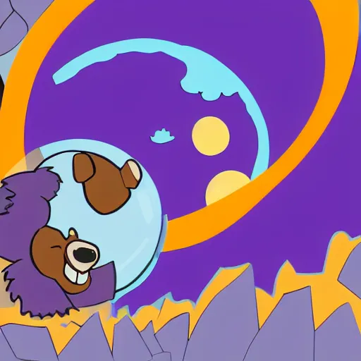 Image similar to cartoon illustration of a bear mascot being launched from a futuristic marble planet, purple and orange cloudland