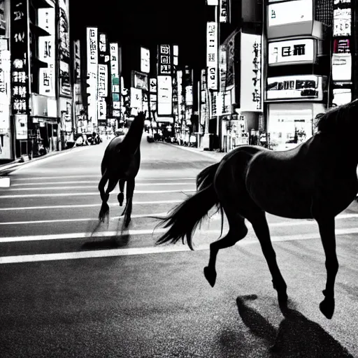 Image similar to horse running down the Tokyo Street night sky busy Street