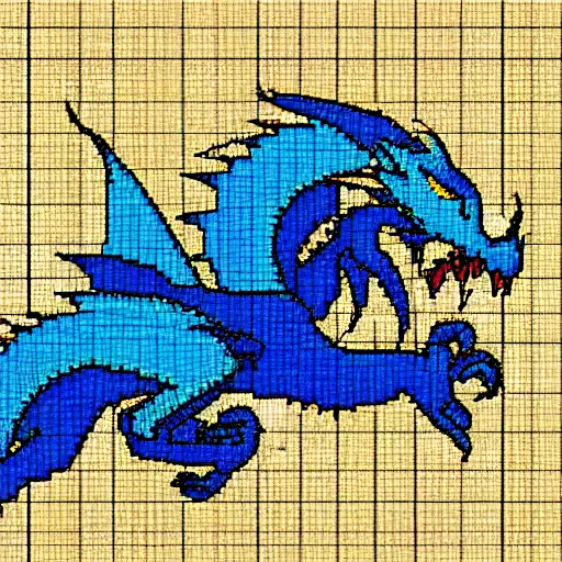 Image similar to blue blueprint of a fantasy dragon pixel art