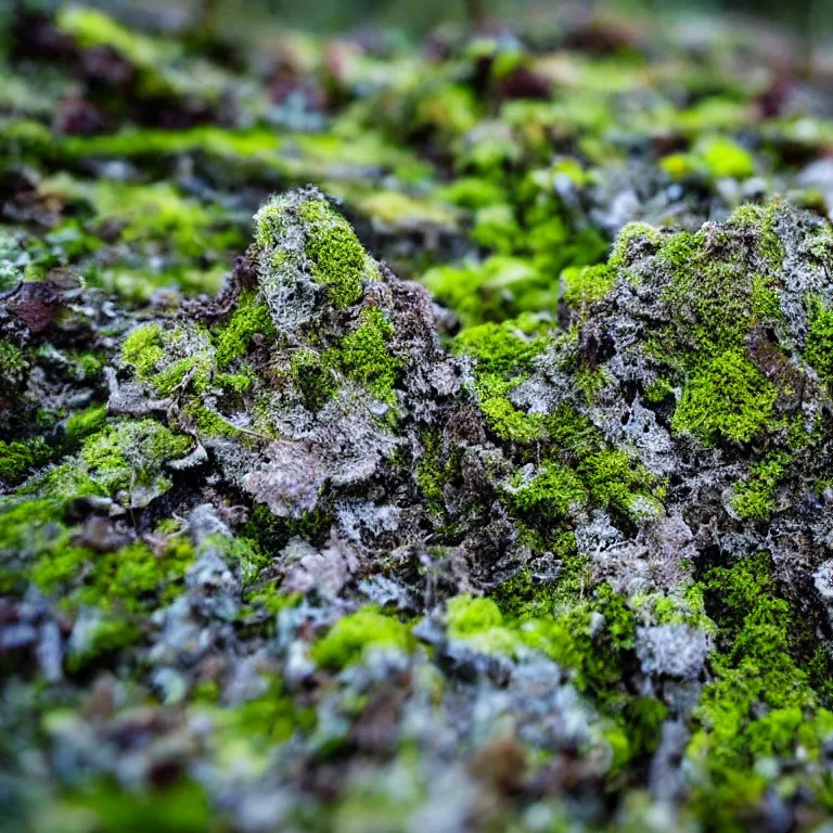 Image similar to a lichens and moss close-up various fungus, mushrooms and plants, inside the picture is infinity, Atmospheric phenomenon, artistic photography, muted colors, conceptual, long exposure outside the city, volumetric light