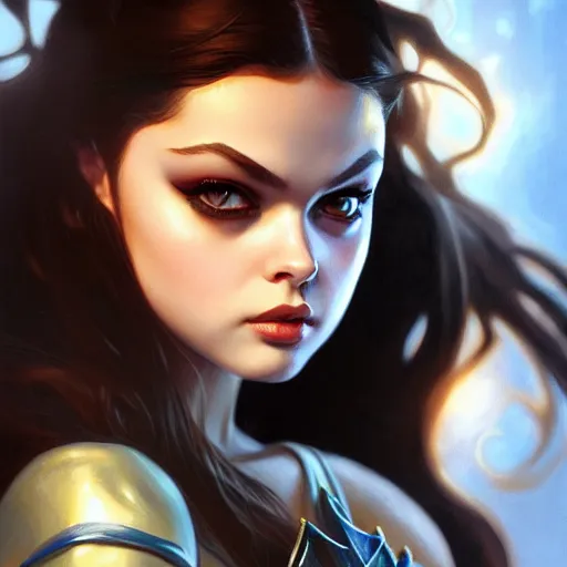 Image similar to beautiful Odeya Rush as Batgirl, western, closeup, D&D, fantasy, intricate, elegant, highly detailed, digital painting, artstation, concept art, matte, sharp focus, illustration, art by Artgerm and Greg Rutkowski and Alphonse Mucha