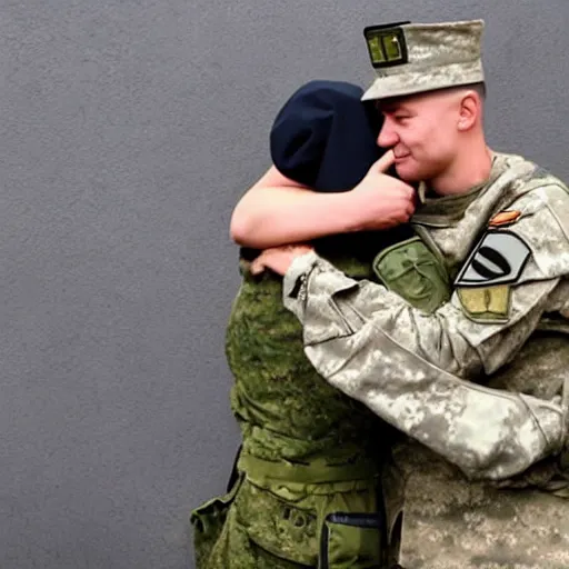 Prompt: a picture of two soldiers. a soldier from ukraine and russia are hugging peacefully