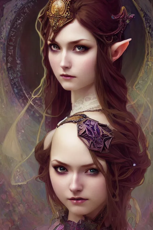 Image similar to beautiful and victorian and luxury and gothic princess Zelda portrait like smoky eyes+front face with light flowing hair, ultradetail face, art and illustration by tian zi and craig mullins and WLOP and alphonse mucha, fantasy, intricate complexity, human structure, human anatomy, fantasy character concept, watermark, blurry, hyperrealism 8k
