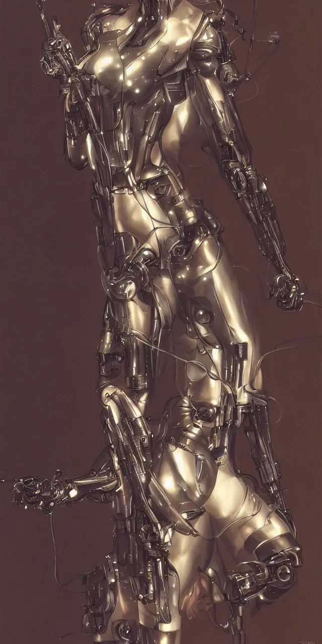 Prompt: beauty Blade Runner woman, futuristic mechanical, cyberpunk, led lights, lots of cables and wiring, electrical details, trending on artstation, by Hajime Sorayama and Boris Vallejo