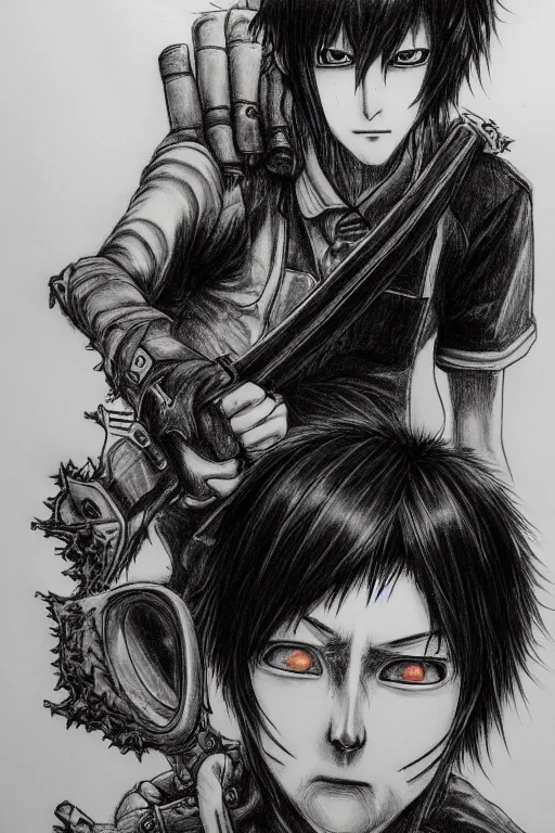 Prompt: graphite art of chainsaw man, detailed character drawing, ito junji, yoshitaka amano