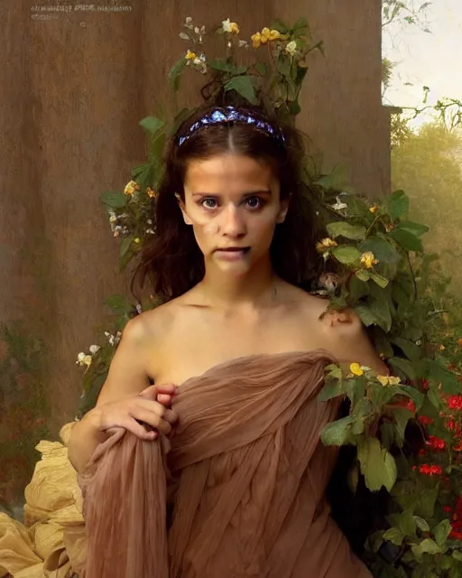 Image similar to a portrait painting of a shy, blushing 1 6 - year old alicia vikander or millie bobby brown as a princess lying on her back on a wooden floor, hair fanned around, intricate, elegant, highly detailed, artstation, concept art, by krenz cushart and donato giancola and william adolph bouguereau and alphonse mucha