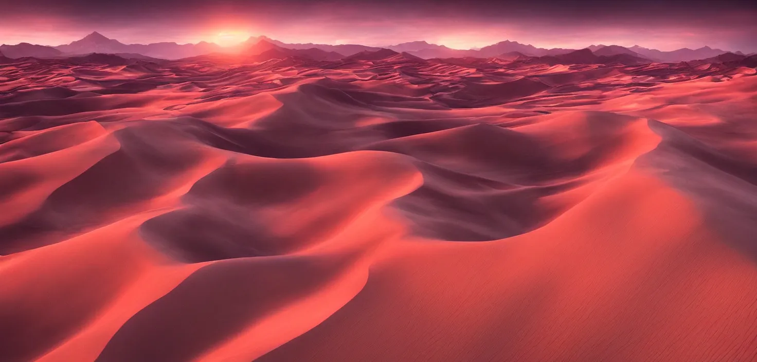 Prompt: amazing landscape photo of desert dunes in sunset by max rive, pink color palette, beautiful dramatic lighting