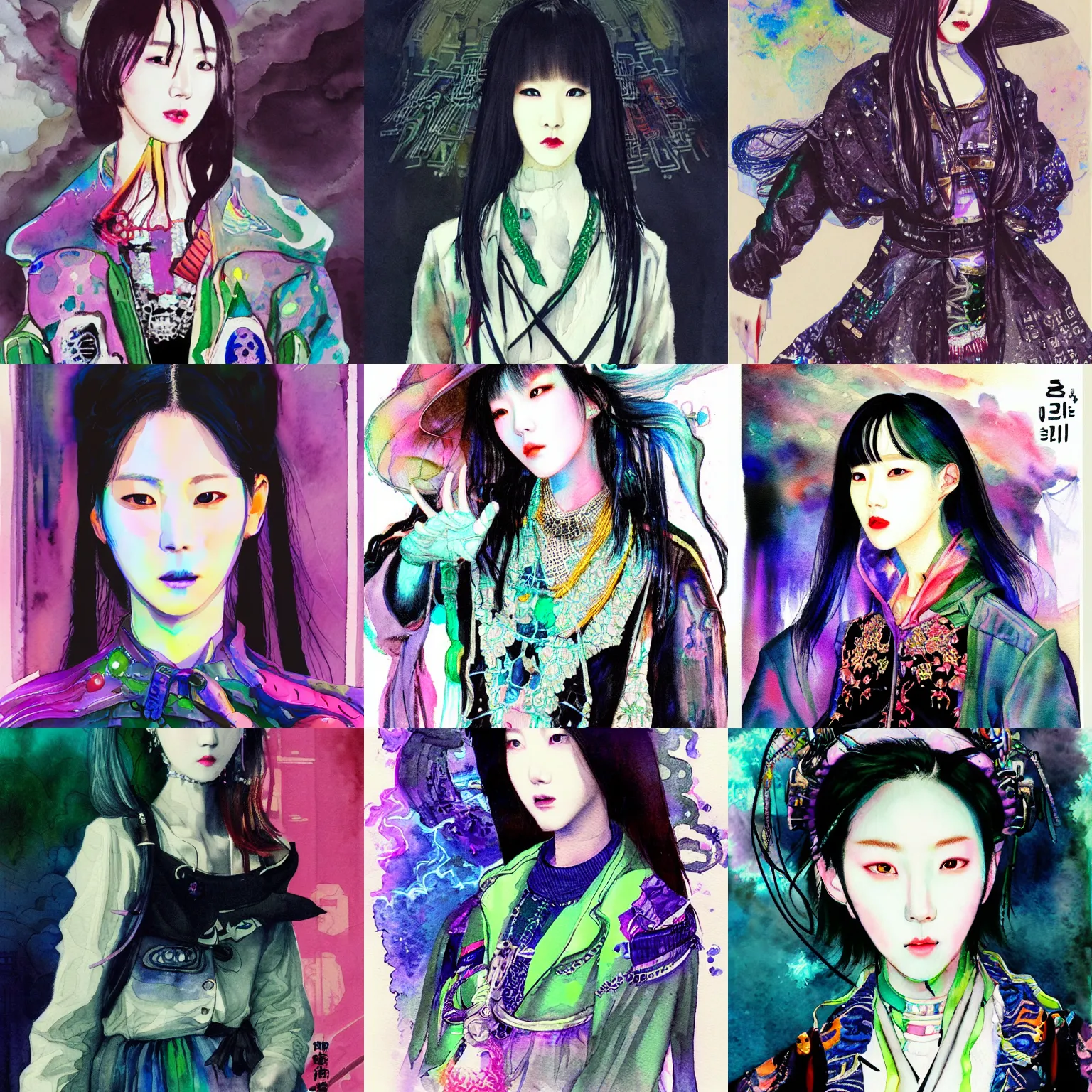 Prompt: korean women's fashion machine witch, intricate watercolor cyberpunk vaporwave portrait by john singer sargent
