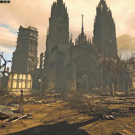 Image similar to Aachen Cathedral in ruins post-nuclear war in Fallout 4, in game screenshot