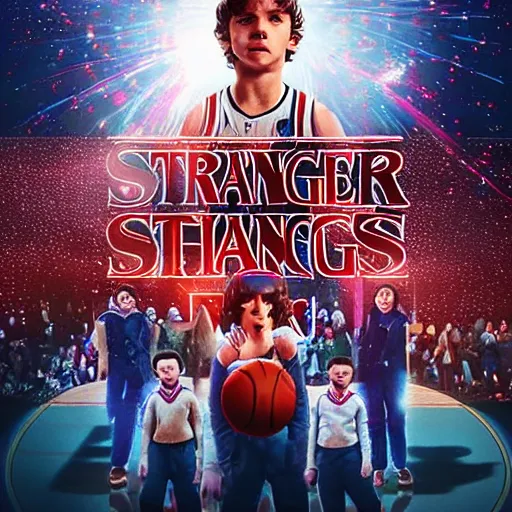 Prompt: Mike from stranger things playing basketball and making a shot in an nba stadium , close up shot, wide angle, lens flares