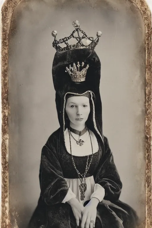 Image similar to a wet plate photo of a ferret dressed as anne boleyn, wearing a crown, wearing a robe