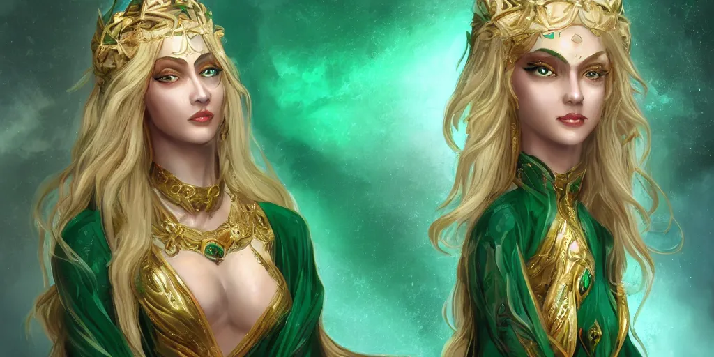Image similar to A female godess made of stone with emerald green eyes, long blonde haired, royal dress, trending on artstation, arcane, digital media, 8k, contrasting colours