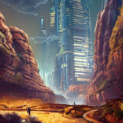 Prompt: futuristic cityscape inside a canyon, mesas, alpine tundra, nighttime, very detailed, hyperrealistic, cinematic