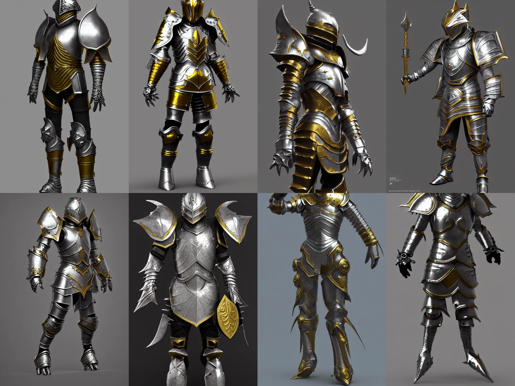 Prompt: render of unusual fantasy armor, silver with gold trim, huge stylized pauldrons, medieval fantasy, extremely clean, exaggerated proportions, trending on Artstation, HD Octane render, 8k