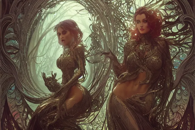 Image similar to a pretty woman made of liquid metal surrounded by an environment designed by Joe Fenton, fog, volumetric lighting, intricate, elegant, highly detailed, digital painting, artstation, concept art, smooth, sharp focus, art nouveau, art by artgerm and greg rutkowski and alphonse mucha