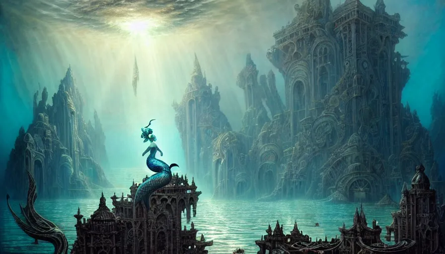 Image similar to a graceful mermaid looking at the sunken city of Atlantis under water, rays of sunlight, stunning undersea intricate detailed grand architecture in the style of Joe Fenton, art style by Greg Rutkowski and Mohrbacher, deep underwater scene, dark and moody, faint volumetric god rays, grim crushing atmosphere, trending on artstation, masterpiece, claustrophobic